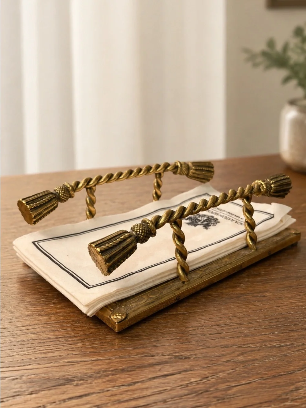Vintage Brass Napkin Holder Mirrored Tray Tassel Handles Hollywood Regency Decor